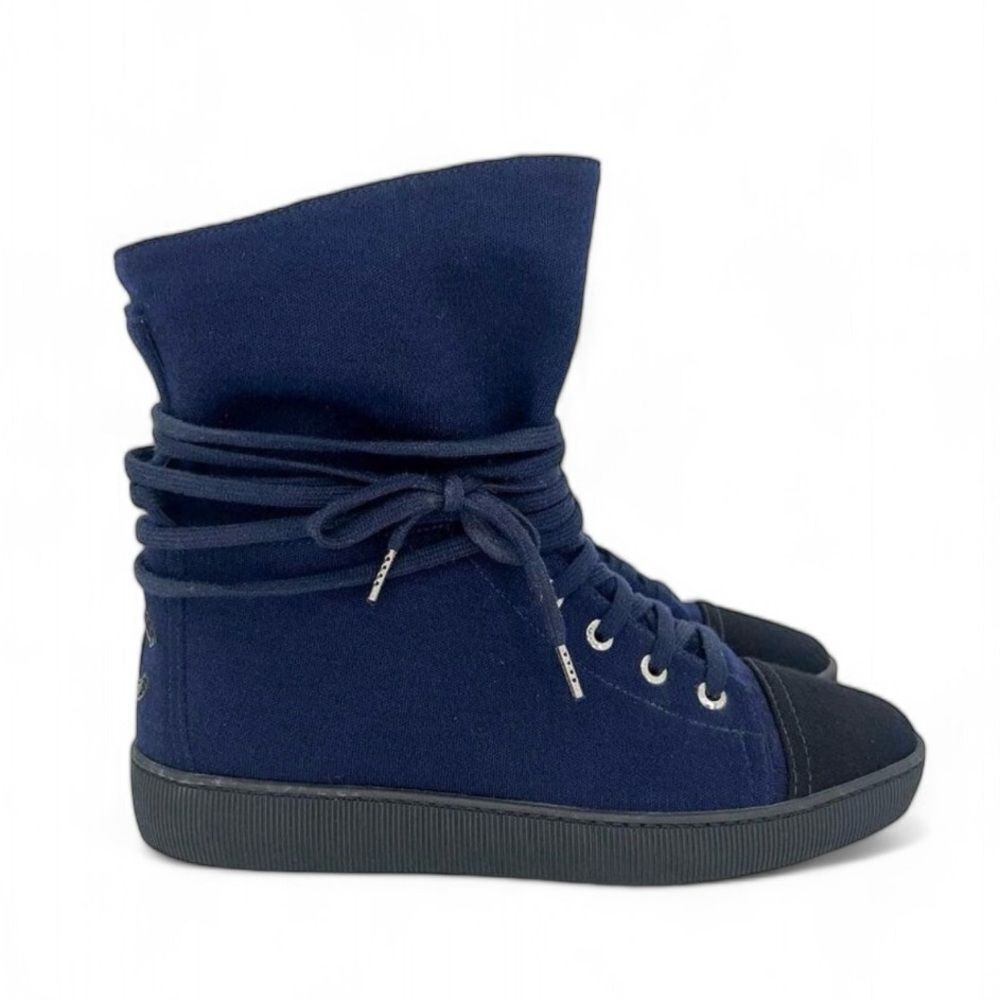 CHANEL Indigo Suede CC Logo Lace-Up Black Cap Toe Sneaker Boots Size EU37 - Picture 4 of 12